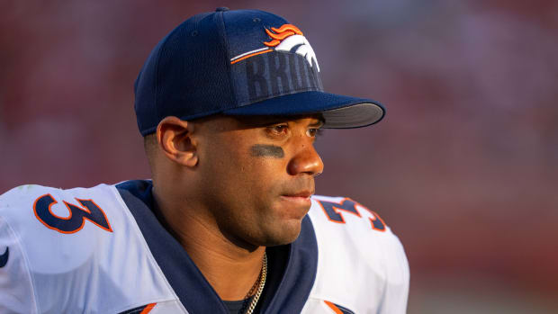 August 19, 2023; Santa Clara, California, USA; Denver Broncos quarterback Russell Wilson (3) during halftime against the San Francisco 49ers at Levi's Stadium. Mandatory Credit: Kyle Terada-USA TODAY Sports